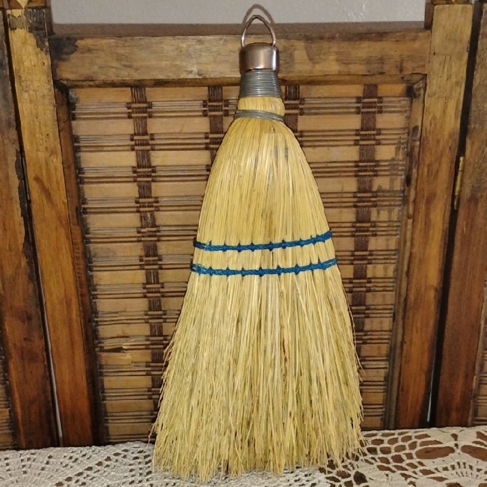Vintage Handheld Straw Whisker Broom Blue Stitch Farmhouse Primitive